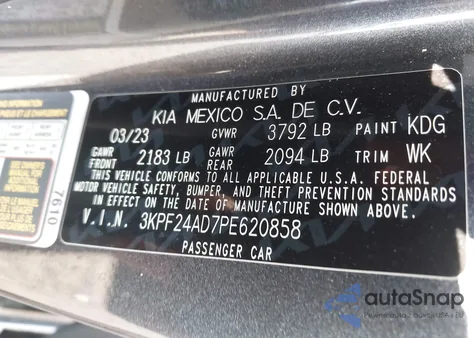 2023 Kia Forte Lxs из США, поврежденный, VIN 3KPF24AD7PE620858